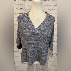 J. Jill Blue V Neck 3/4 Sleeve Knit Cotton Sweater Size Small